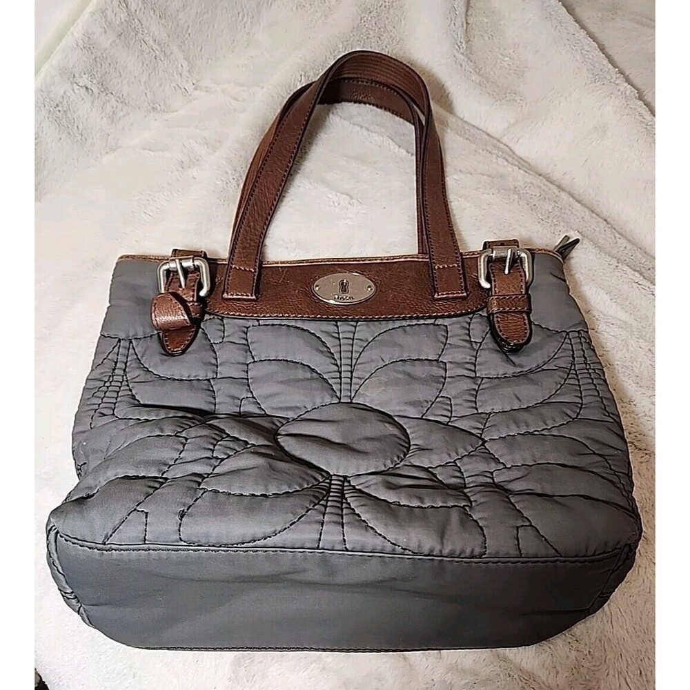 FOSSIL Bag Purse‎ Keyper Gray Quilted Womens Tote Nylon Satchel Flower Design